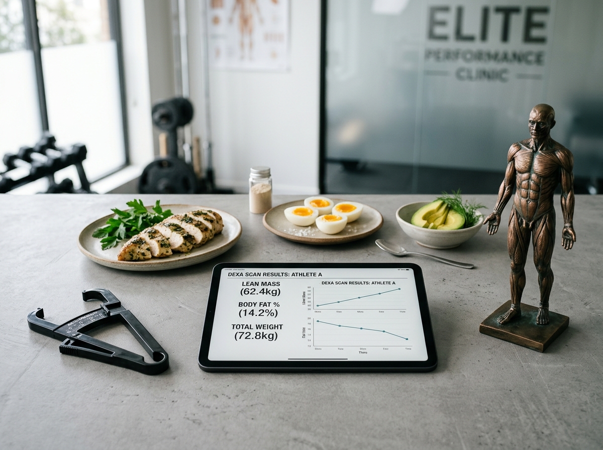 Body recomposition science setup showing DEXA scan metrics, body fat calipers, and high-protein nutrition