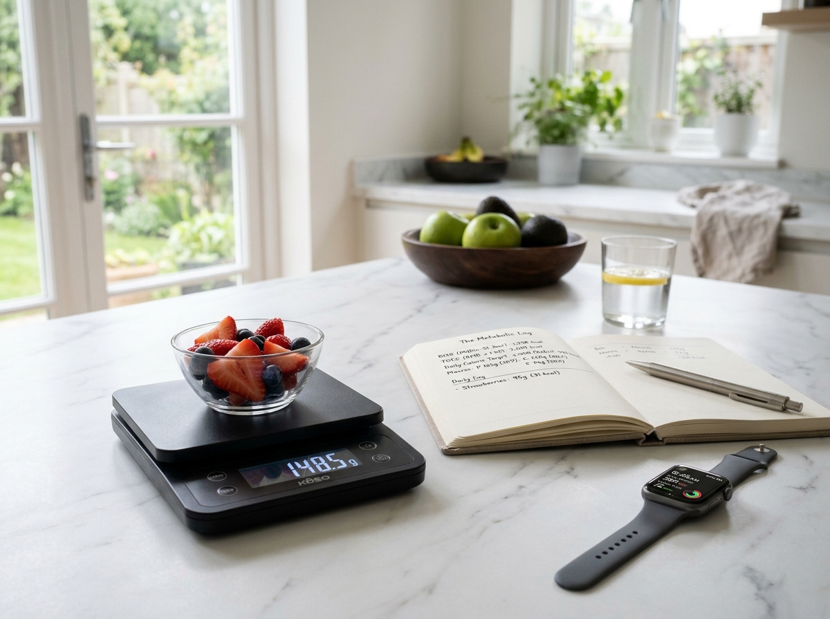 Báscula de cocina digital y fórmulas matemáticas para cálculo preciso de calorías