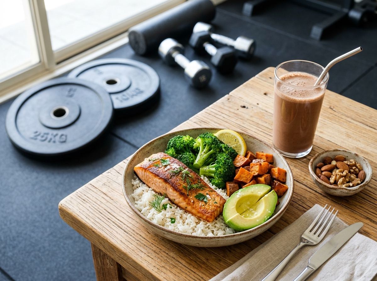 Plato de comida nutritiva para superávit calórico limpio con salmón y arroz