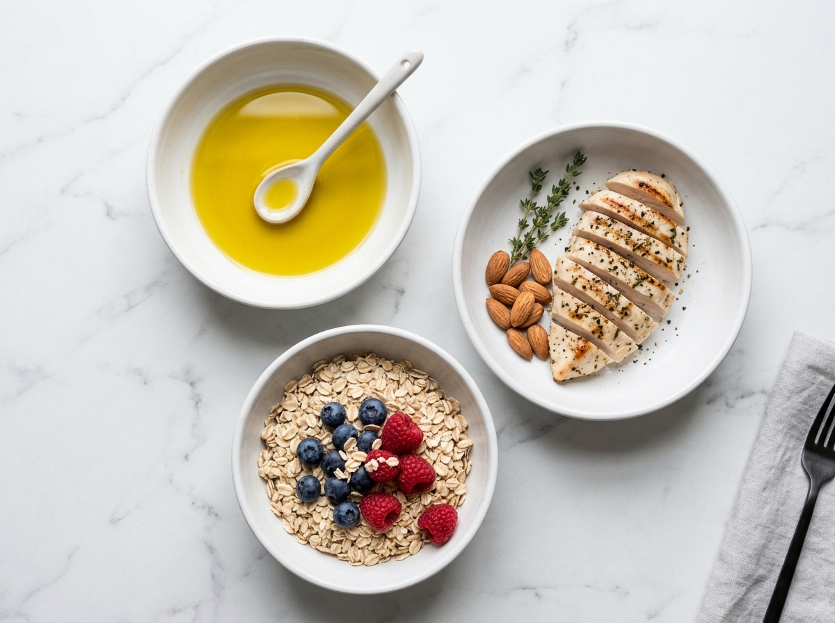 Caloric density comparison showing olive oil fats, protein sources, and complex carbohydrate grains