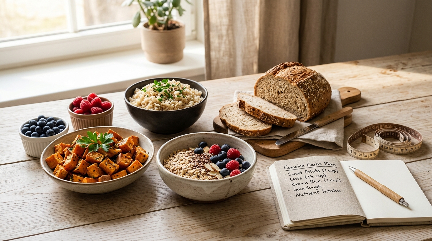 Nutrient-dense complex carbohydrates table with roasted sweet potatoes, whole grain oats, sourdough bread, and fresh berries next to a nutrition log