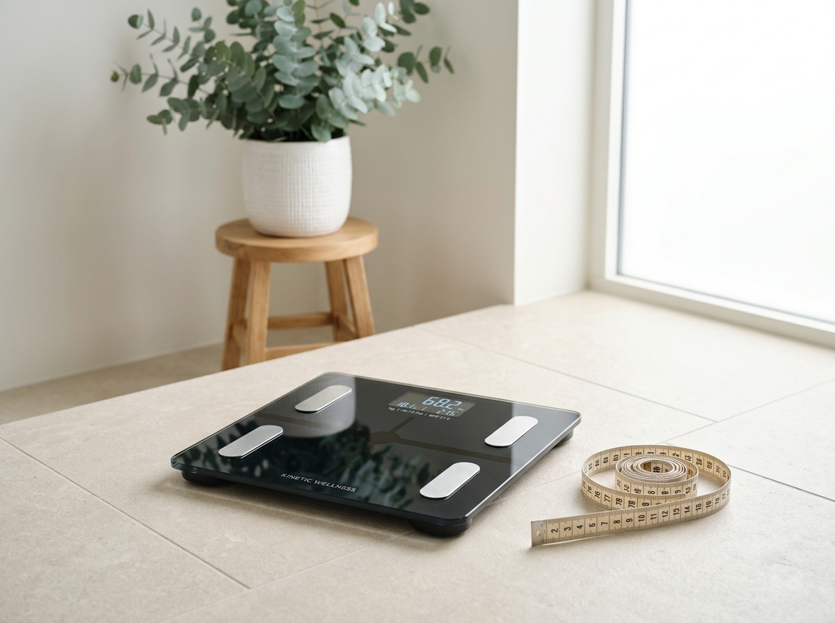 Modern digital body composition scale and tailor tape measure in a serene health wellness studio