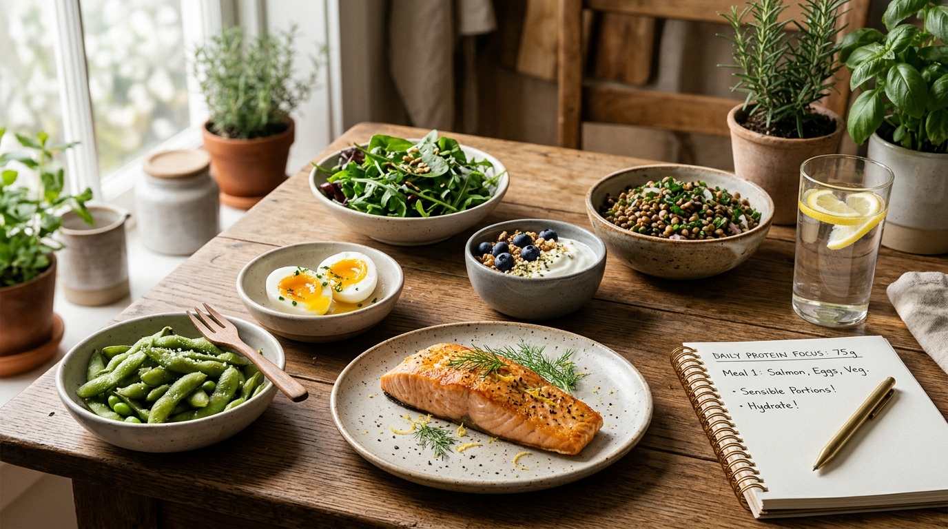Balanced whole-food protein table with pan-seared salmon, soft-boiled eggs, edamame, Greek yogurt, lentils, and fresh greens