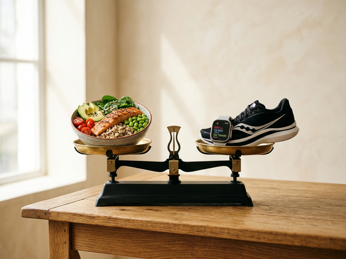 Classic balance scale holding a healthy meal bowl and workout gear representing caloric equilibrium