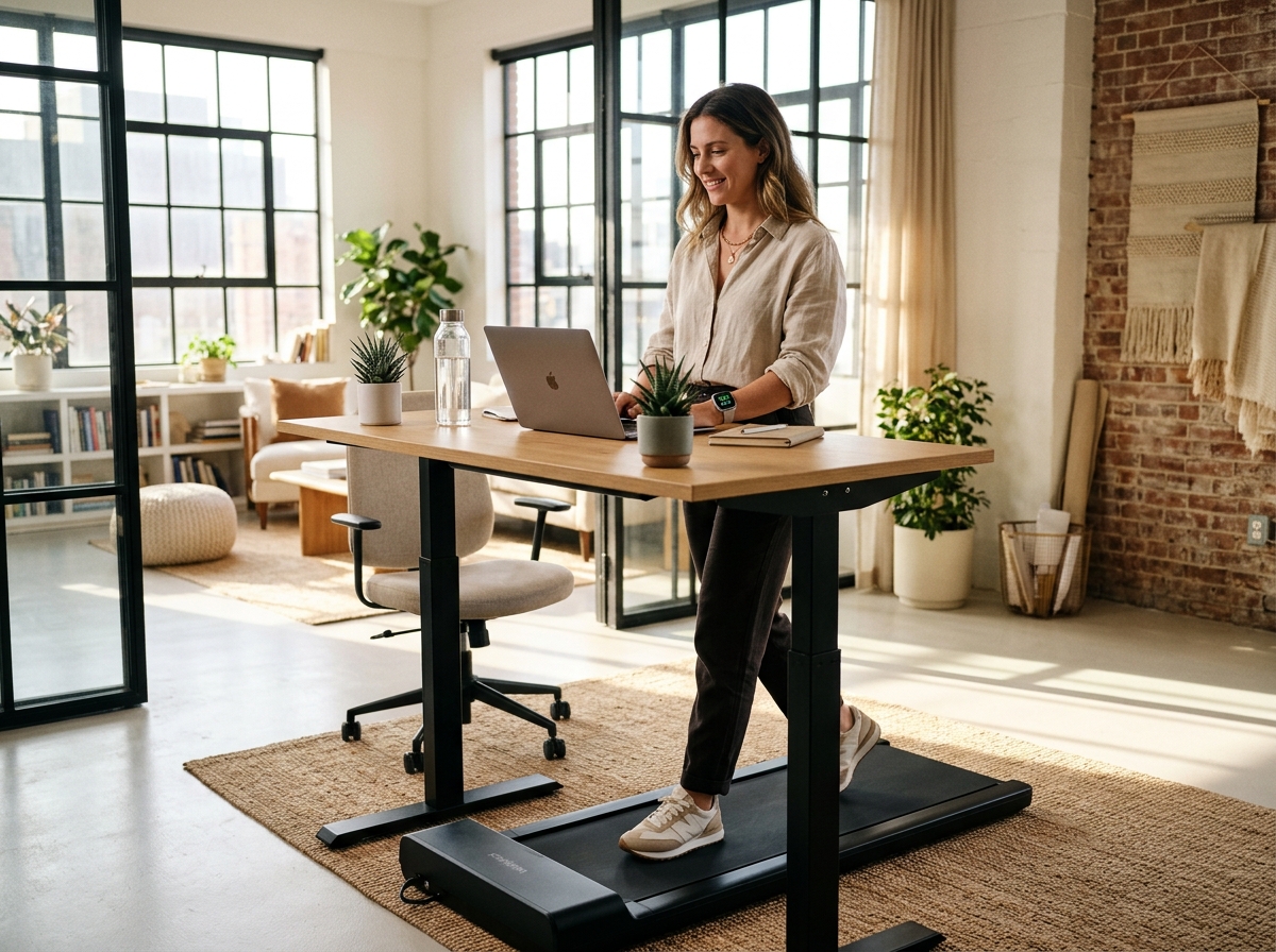 Espacio de trabajo ergonómico con escritorio de pie y cinta para caminar